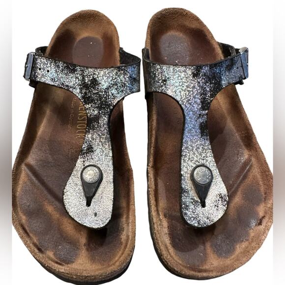 Birkenstock Women’s 38 (7) Black and Silver Thong Style Sandals - Picture 1 of 7